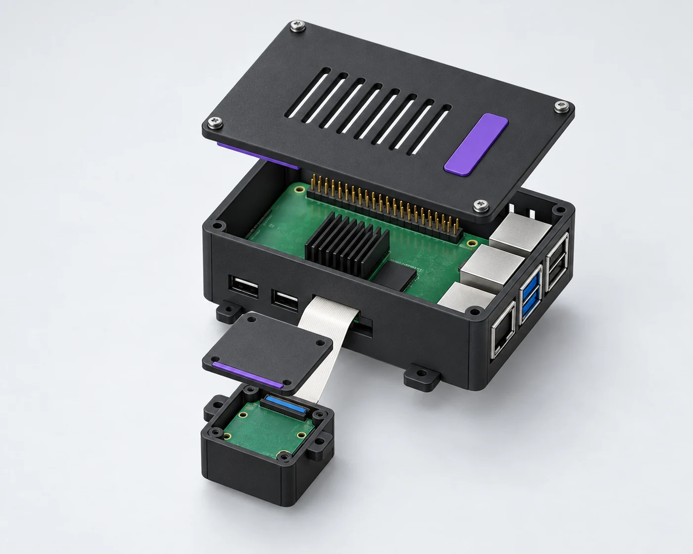 Будова HARDLINE FLOW: кришка, Raspberry Pi 4B з радіатором, шлейф і корпус нижньої камери